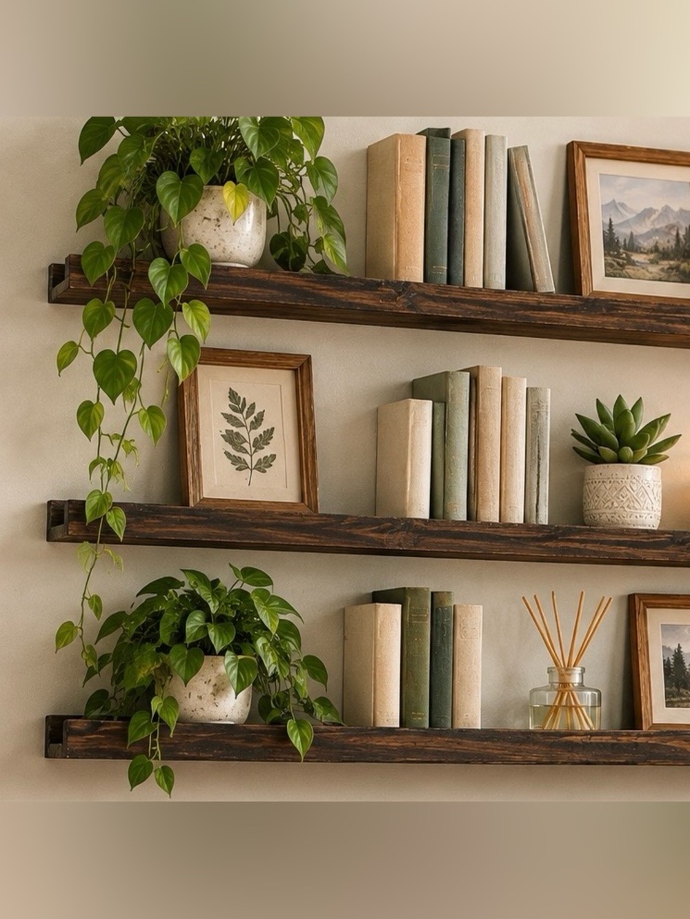 Set of 3 Rustic Wood Wall Shelves 23โ Dark Brown Farmhouse Cabin Decor